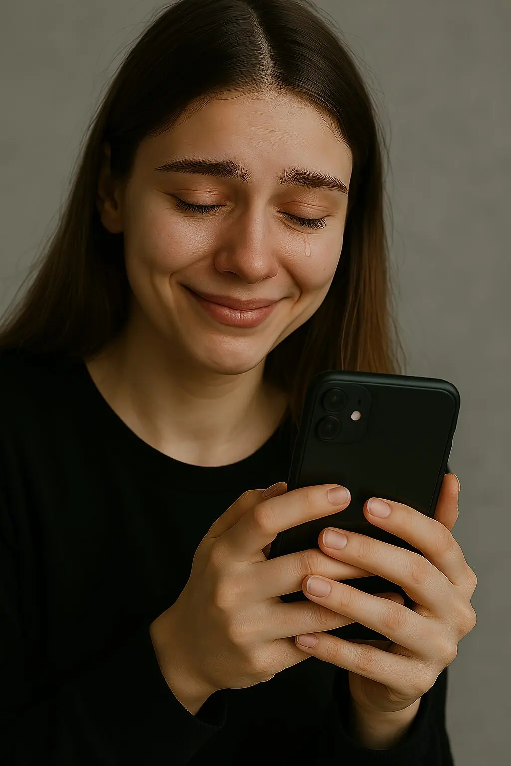 Junge Frau blickt traurig auf Ihr Smartphone